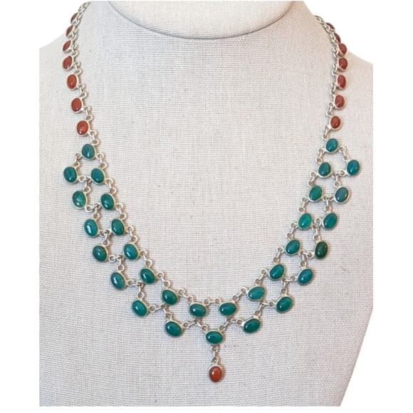 Unknown Jewelry - Vtg Green & Red Onyx Cabochons 925 Sterling Silver Collar Hook Clasp Necklace